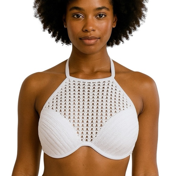 Shade & Shore 34DD White High Neck Crochet Bikini Top Boho Beachy Resort - Picture 1 of 8